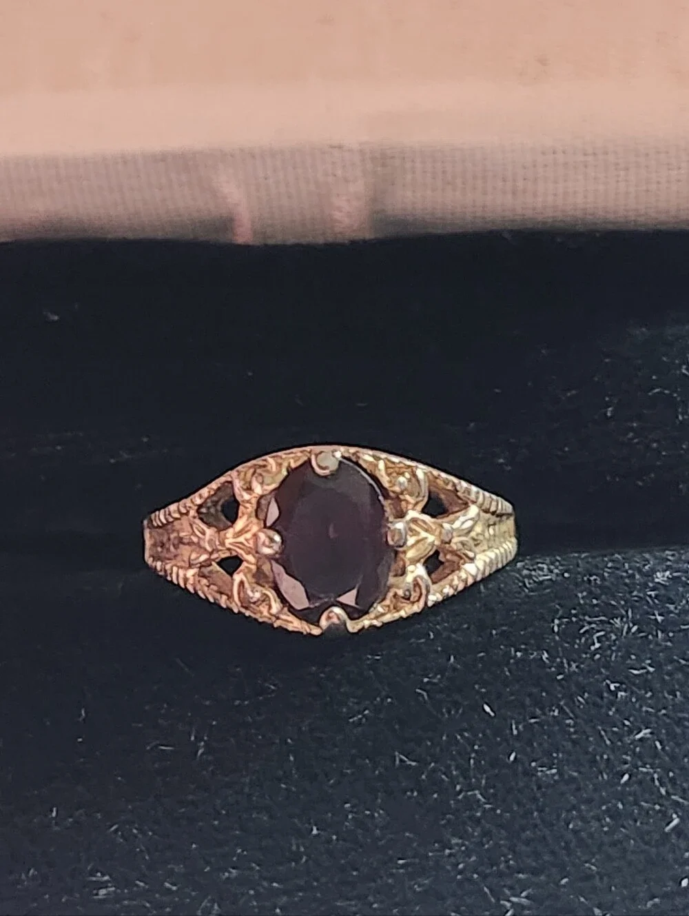 Vintage Gold Tone Ring with Deep Red Oval Gemstone Size 5
